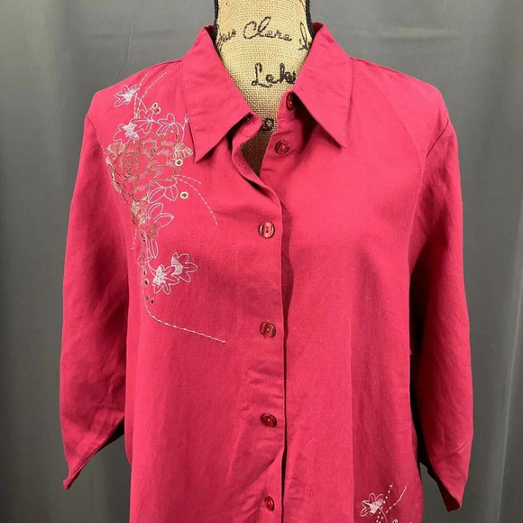 Avenue Top Women 22/24 Red Linen Floral Embroidery Button Up Ruched Sleeve Shirt - Picture 7 of 11